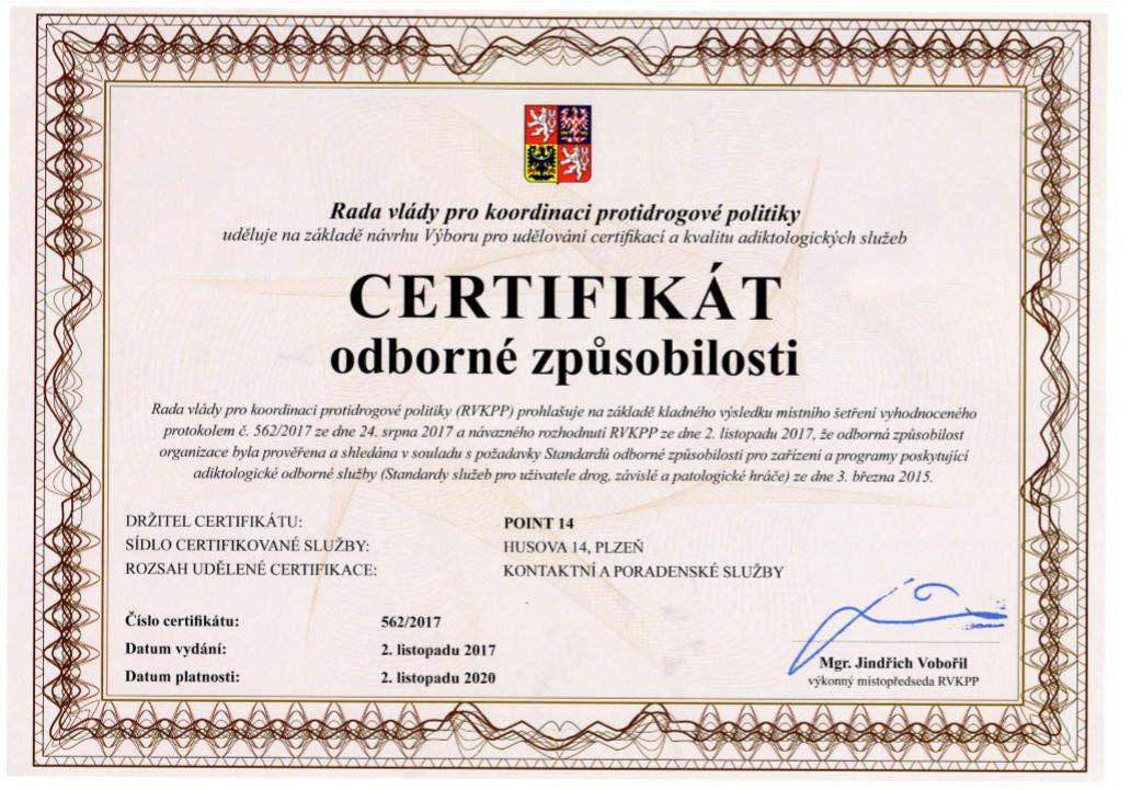 Certifikát kontaktní a poradenské služby
